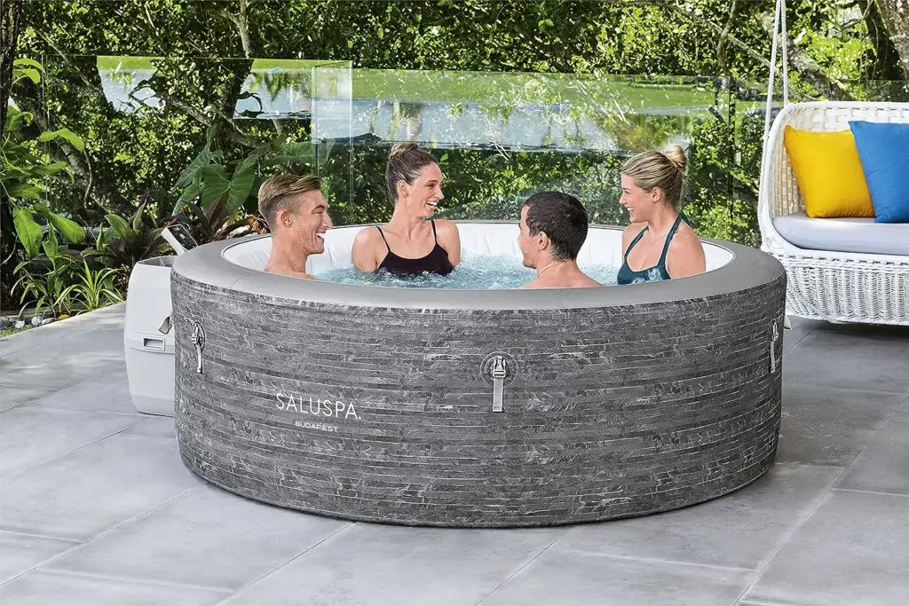 Bestway SaluSpa Budapest Inflatable Hot Tub Spa | Portable Hot Tub with Energy-Efficient Cover | Features Stone Print, Filtered Heated Water System and 140 AirJets | Fits 4-6 People