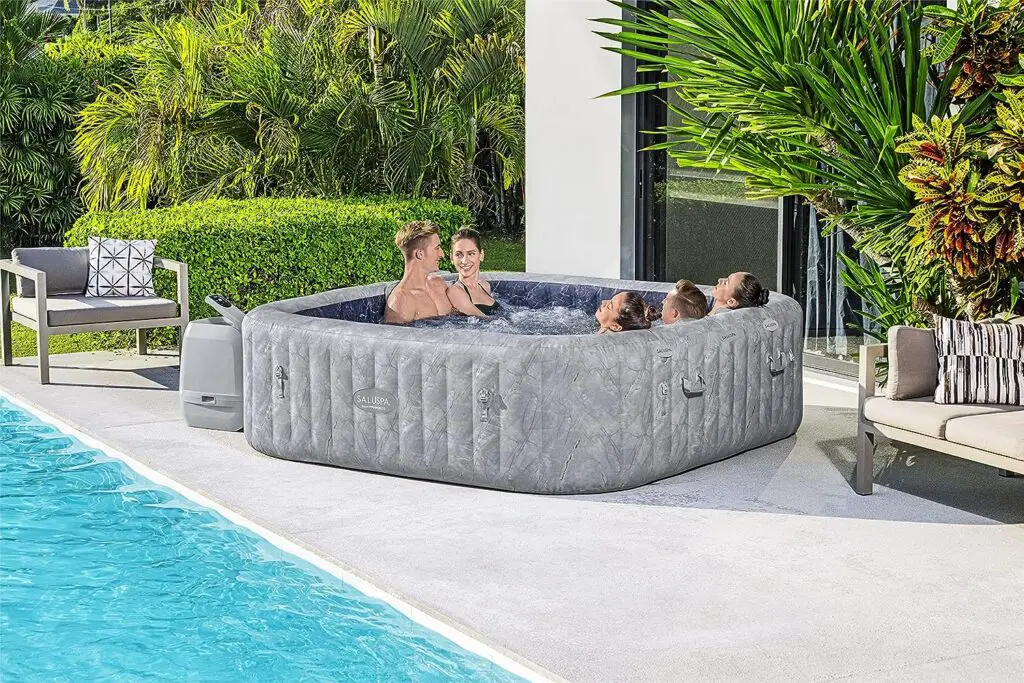 Bestway SaluSpa San Francisco HydroJet Pro Inflatable Hot Tub Spa | Large, Square Portable Hot Tub with Cover | Features Filtered Heated Water System and 180 Jets | Fits 5-7 People