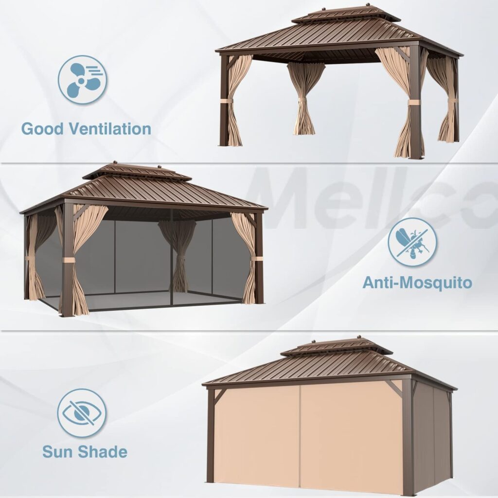 MELLCOM 12 x 16 Hardtop Gazebo, Galvanized Steel Metal Double Roof Aluminum Gazebo with Curtains and Netting, Brown Permanent Pavilion Gazebo with Aluminum Frame for Patios, Gardens, Lawns