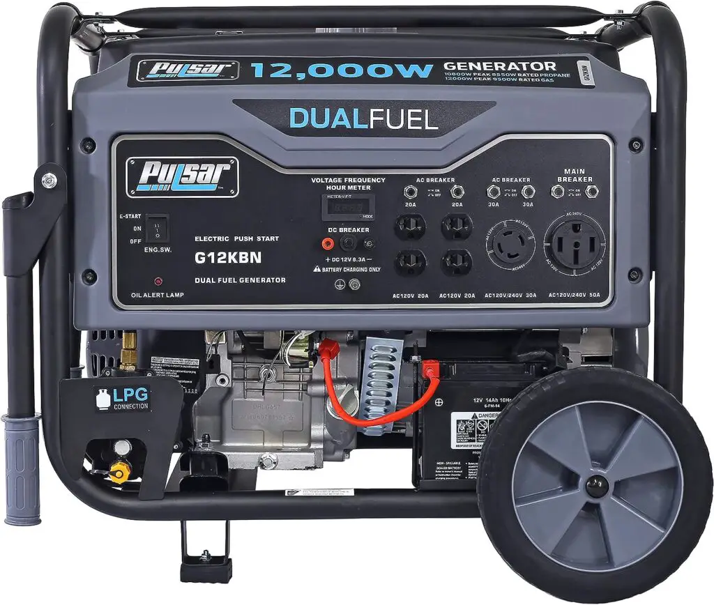 Pulsar G12KBN-SG Heavy Duty Portable Dual Fuel Generator - 9500 Rated Watts  12000 Peak Watts - Gas  LPG - Electric Start - Transfer Switch  RV Ready - CARB Compliant