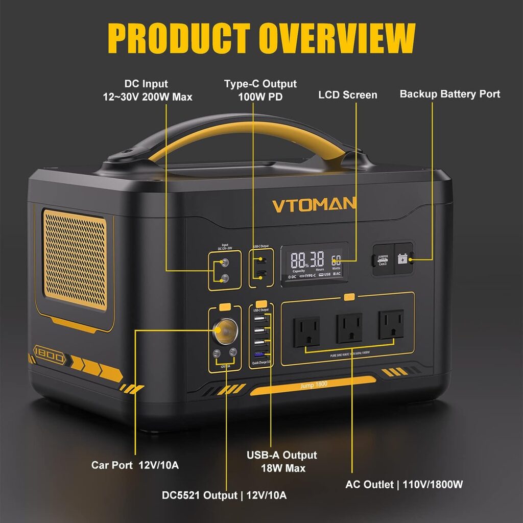 VTOMAN Jump 1800 Solar Generator with Panels Included, 1800W/1548Wh Durable LiFePO4 Portable Power Station with 1800W Constant-Power, Regulated 12V DC, PD 100W Type-C for Home Backup  RV/Van Camping